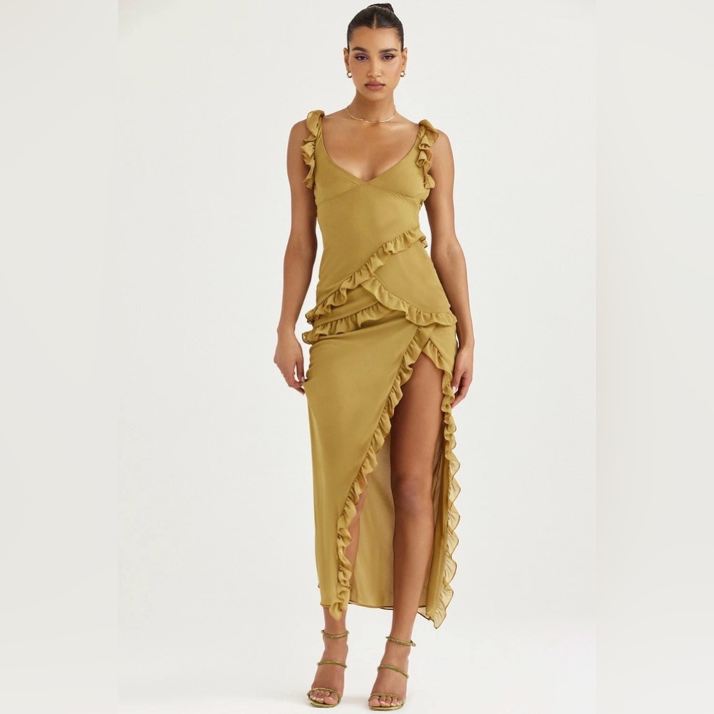 House of CB “Pixie” Olive Green Ruffed Maxi Dress